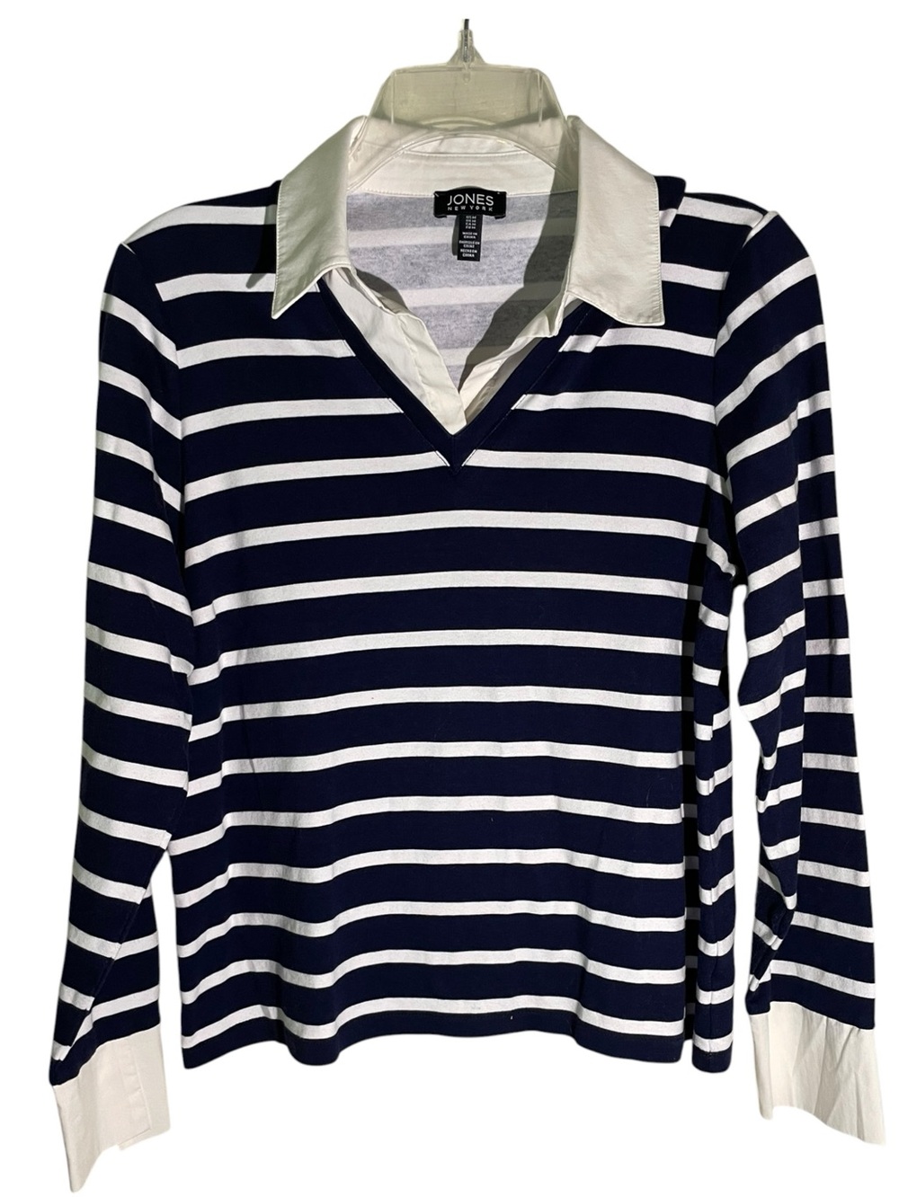 Jones New York Women's Printed Long Sleeve V-Neck Striped Rugby Top Size M